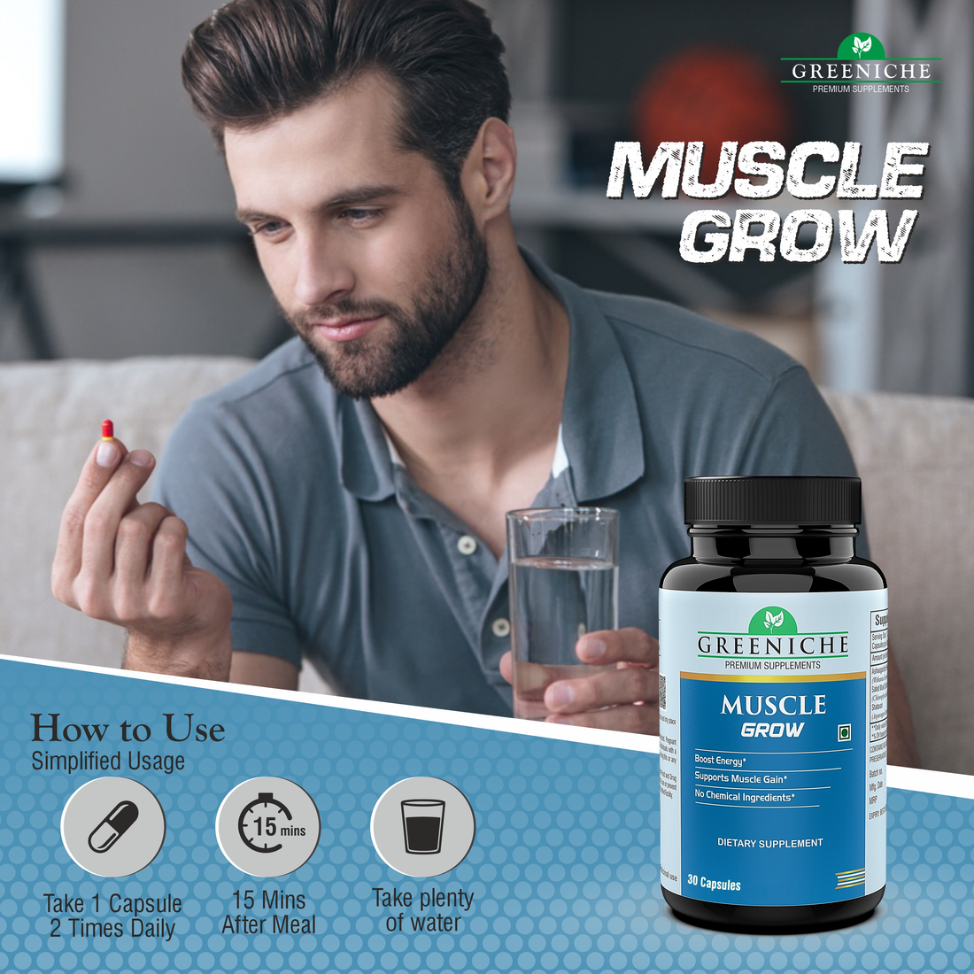 Greeniche Muscle Grow Natural Supplement for Muscle Gain & Body Strength