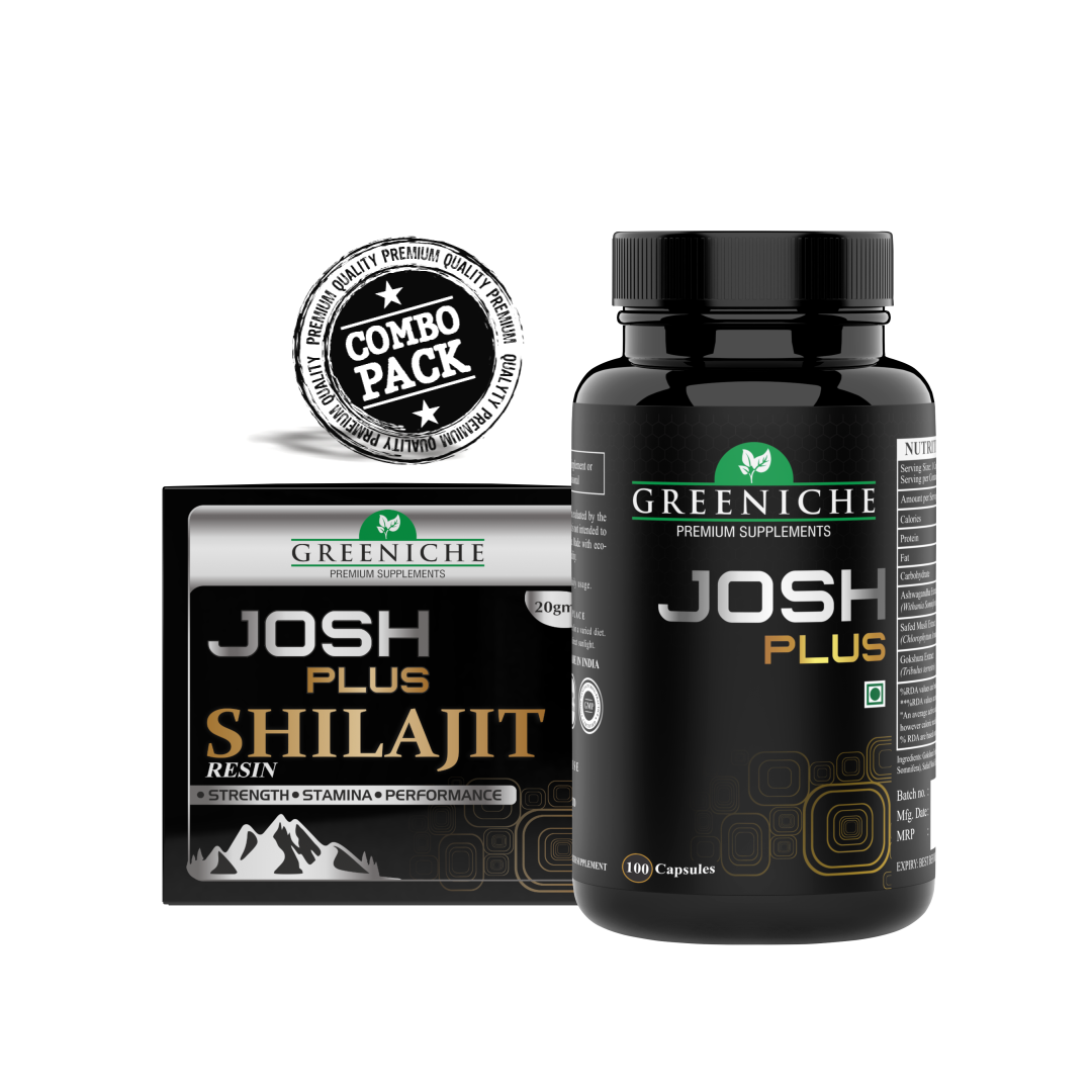 Greeniche Josh Plus 100 Capsules & 20G Shilajit Resin Combo | For Stamina, Performance & Vitality