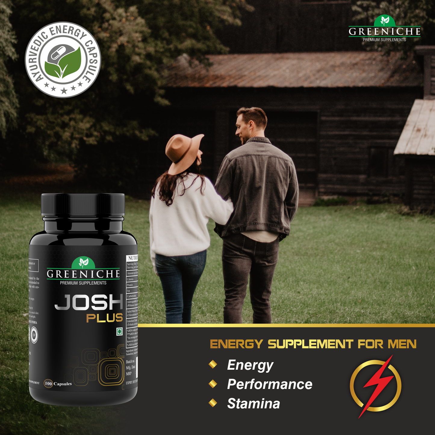 Greeniche 100% Ayurvedic Josh Plus for Men - Energy & Stamina - 100 Capsules