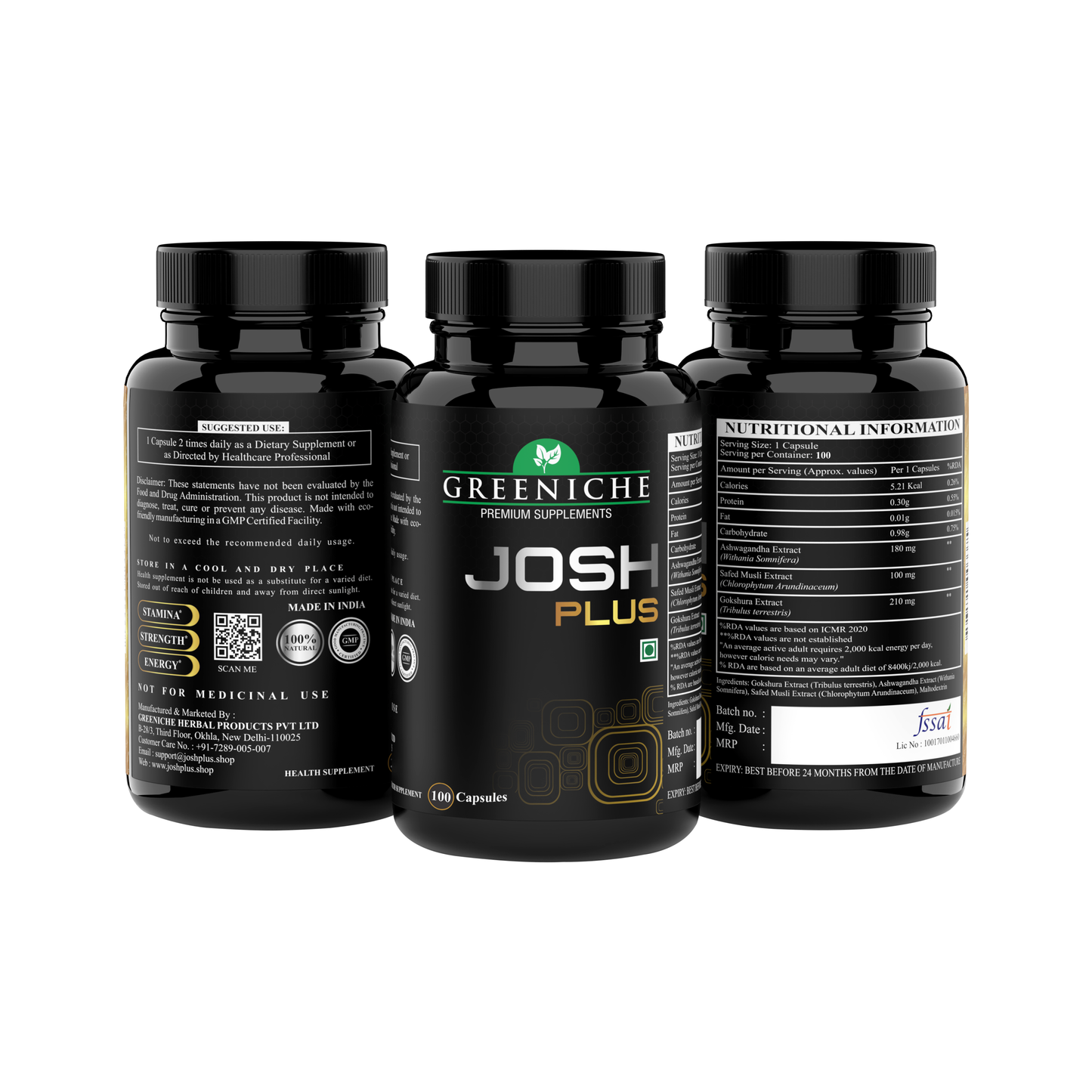 Greeniche 100% Ayurvedic Josh Plus for Men - Energy & Stamina - 100 Capsules