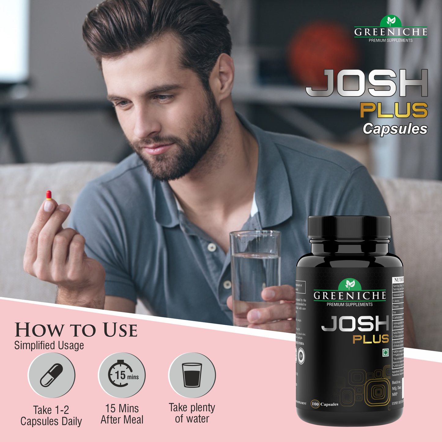 Greeniche 100% Ayurvedic Josh Plus for Men - Energy & Stamina - 100 Capsules