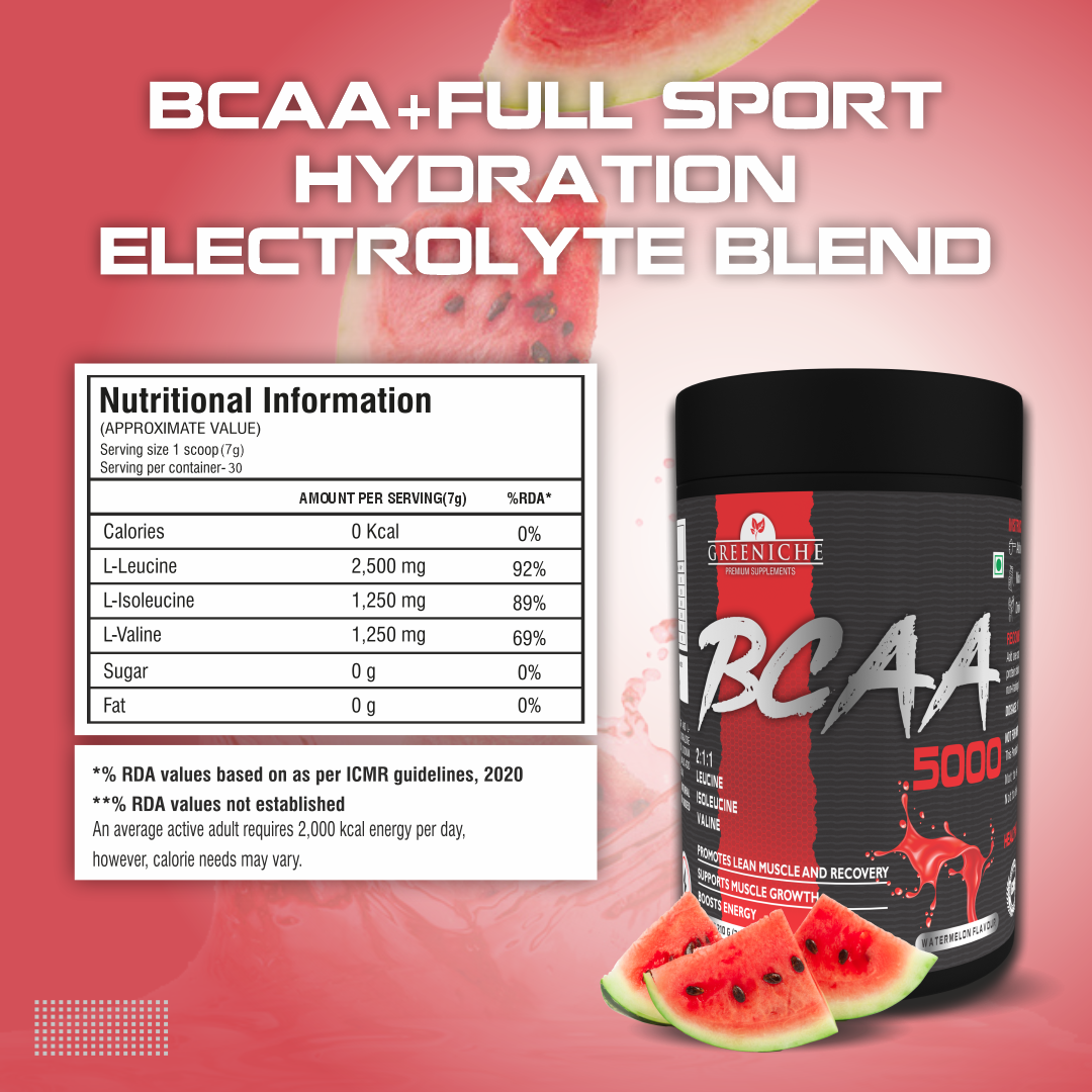 Greeniche BCAA for Men & Women | Ideal 2:1:1 Ratio | Muscle Recovery & Performance | Watermelon Flavor (210g)