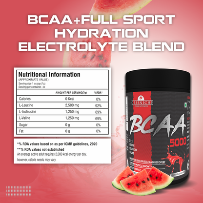 Greeniche BCAA for Men & Women | Ideal 2:1:1 Ratio | Muscle Recovery & Performance | Watermelon Flavor (210g)