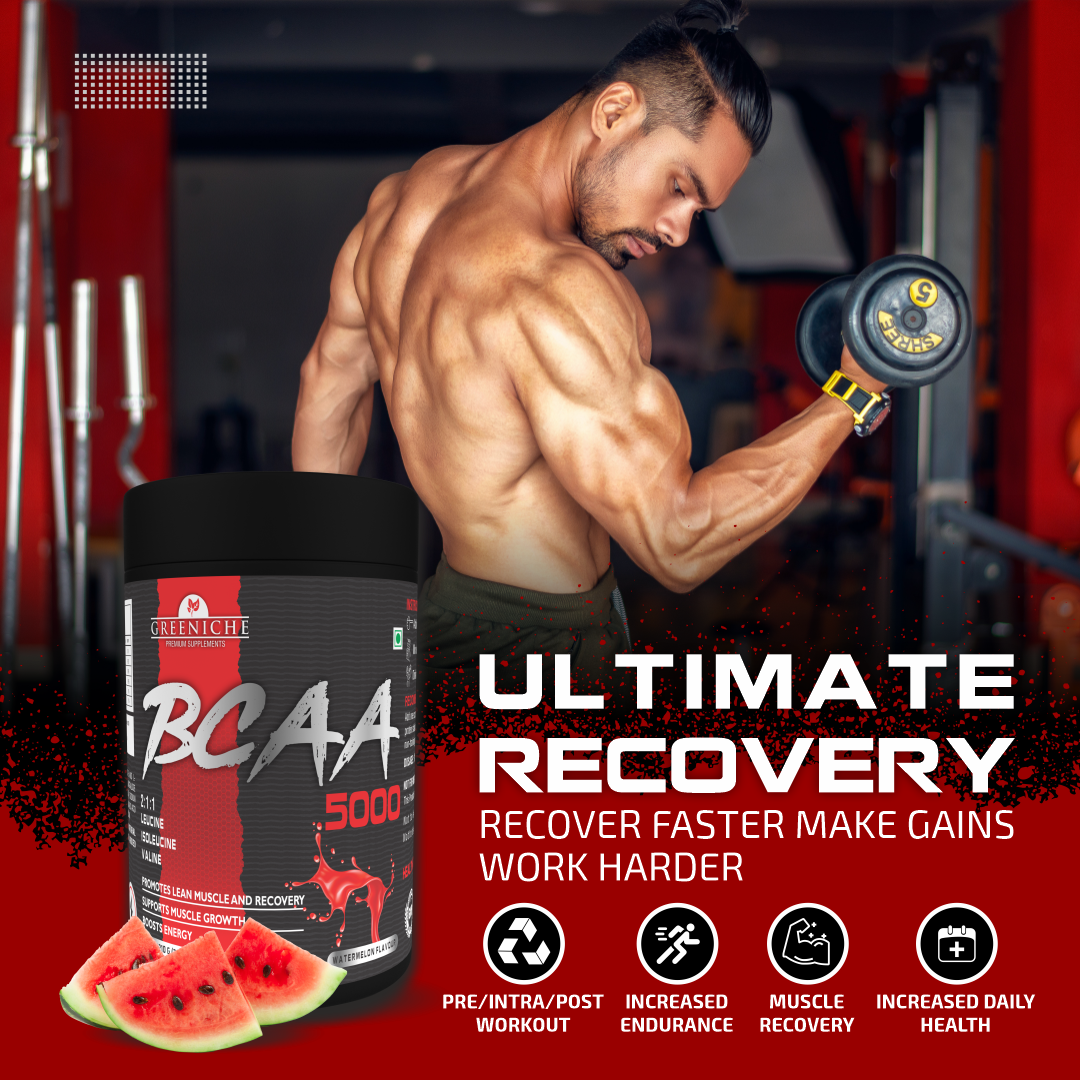 Greeniche BCAA for Men & Women | Ideal 2:1:1 Ratio | Muscle Recovery & Performance | Watermelon Flavor (210g)