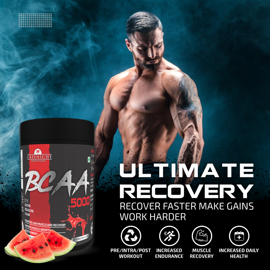 Greeniche BCAA for Men & Women | Ideal 2:1:1 Ratio | Muscle Recovery & Performance | Watermelon Flavor (210g)