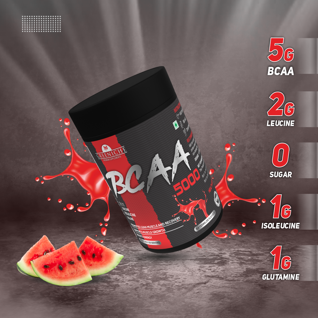 Greeniche BCAA for Men & Women | Ideal 2:1:1 Ratio | Muscle Recovery & Performance | Watermelon Flavor (210g)