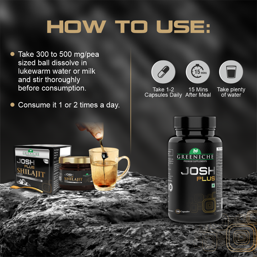 Greeniche Josh Plus 100 Capsules & 20G Shilajit Resin Combo | For Stamina, Performance & Vitality