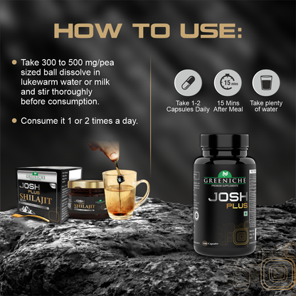 Greeniche Josh Plus 100 Capsules & 20G Shilajit Resin Combo | For Stamina, Performance & Vitality