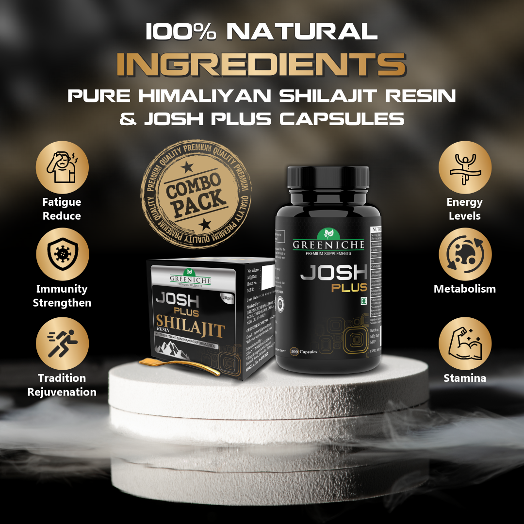Greeniche Josh Plus 100 Capsules & 20G Shilajit Resin Combo | For Stamina, Performance & Vitality