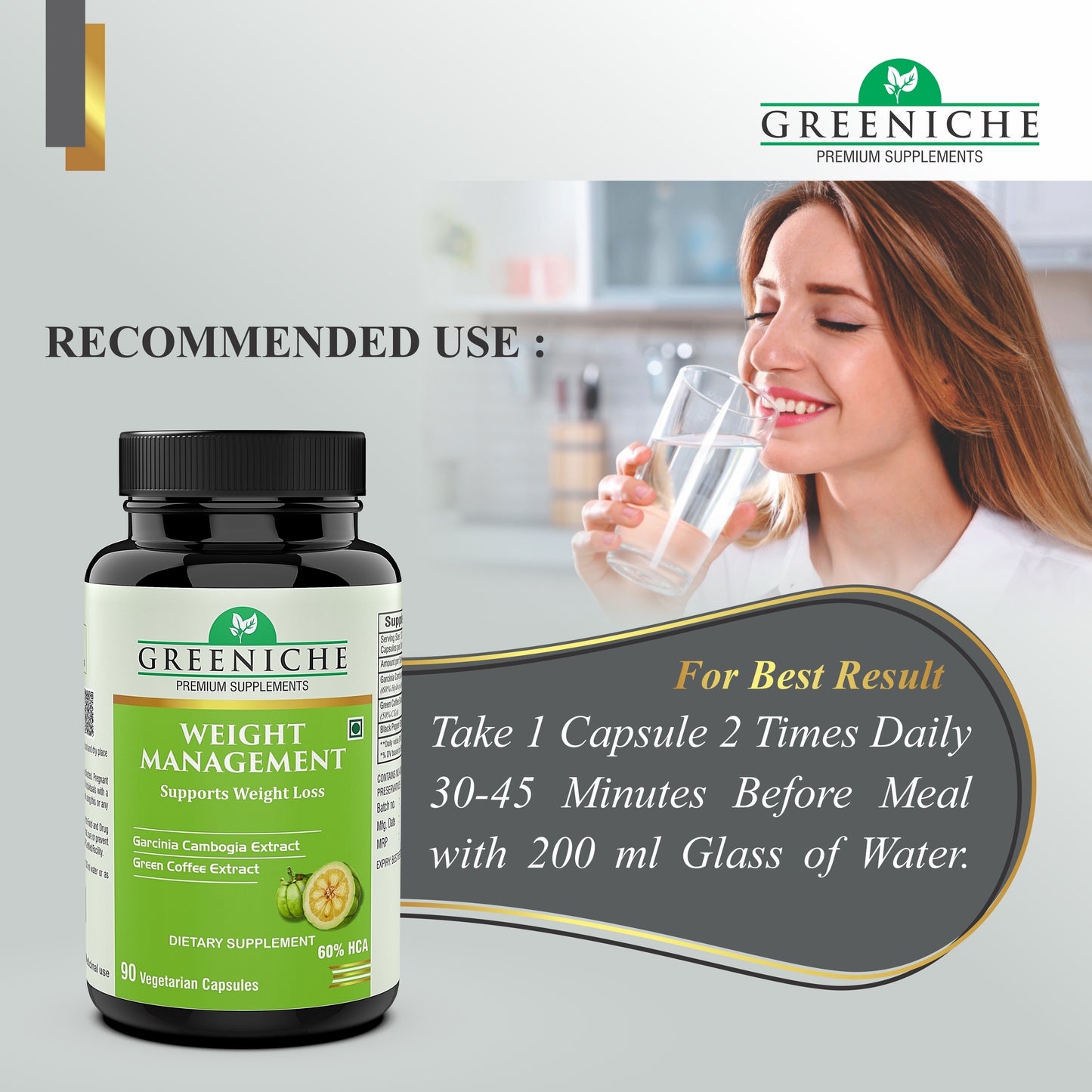 Greeniche Weight Management Garcinia Cambogia, Green Coffee & Green Tea for Weight Loss – 90 Capsules