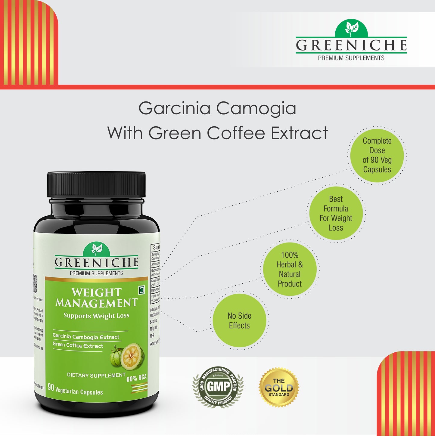 Greeniche Weight Management Garcinia Cambogia, Green Coffee & Green Tea for Weight Loss – 90 Capsules
