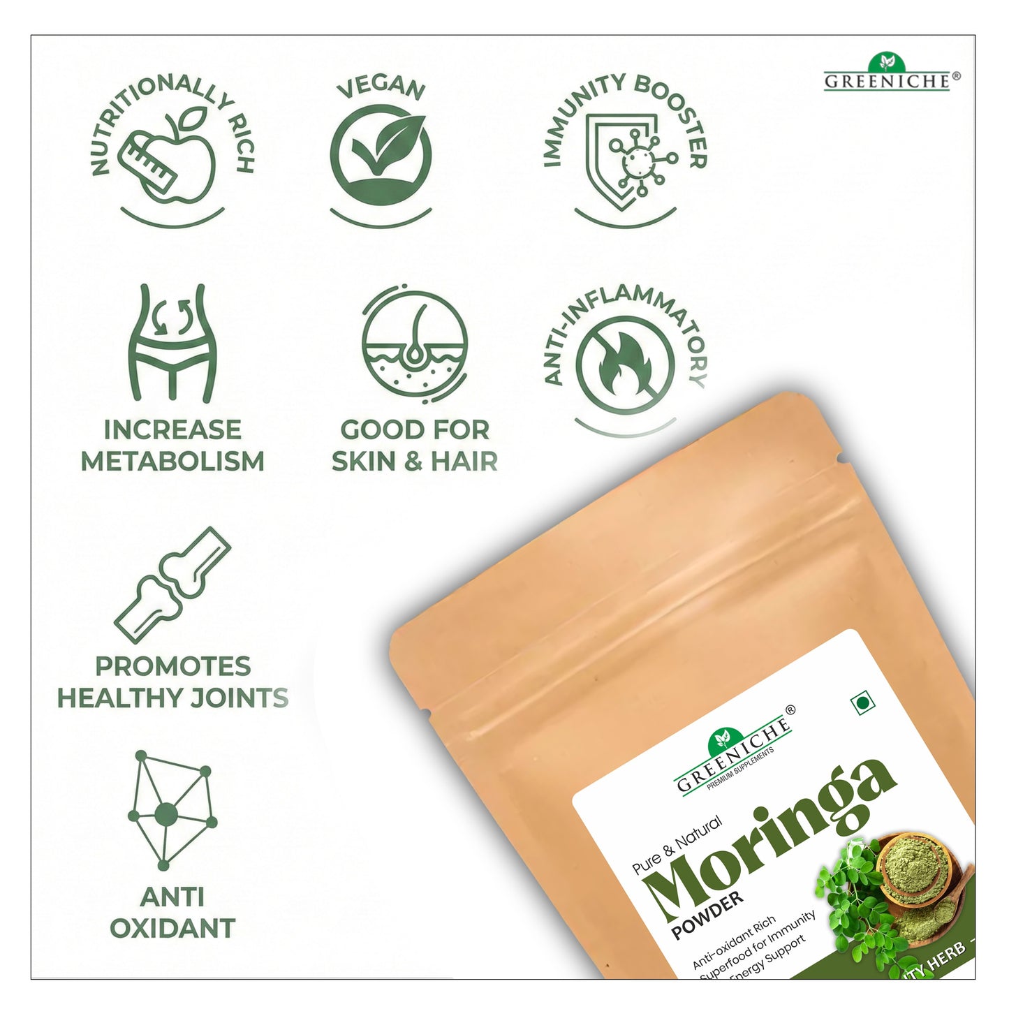 Greeniche Pure & Natural Moringa Powder – Premium Quality Organic Superfood